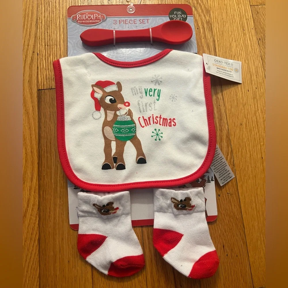 Christmas my first 1st Christmas bib socks spoon reindeer set
